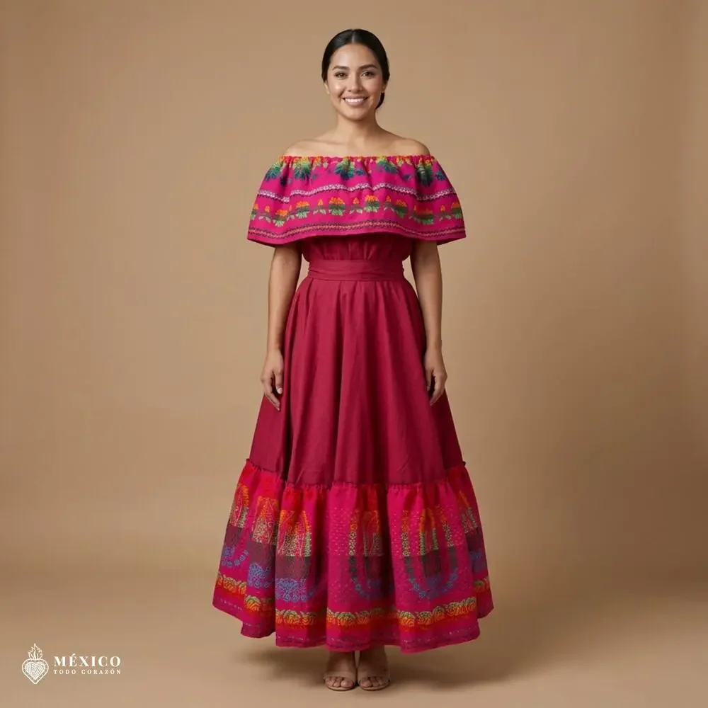 Traditional Mexican 3-Piece Cambaya Dress Set with Matching Rebozo Handmade
